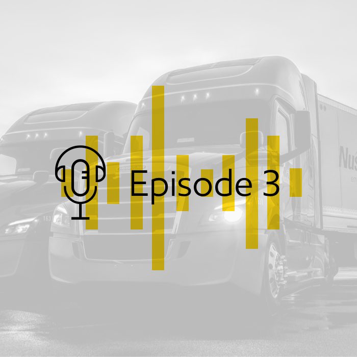 Truck on highway in black & white with overlay text Episode 3, an microphone icon, and yellow soundwave icon.